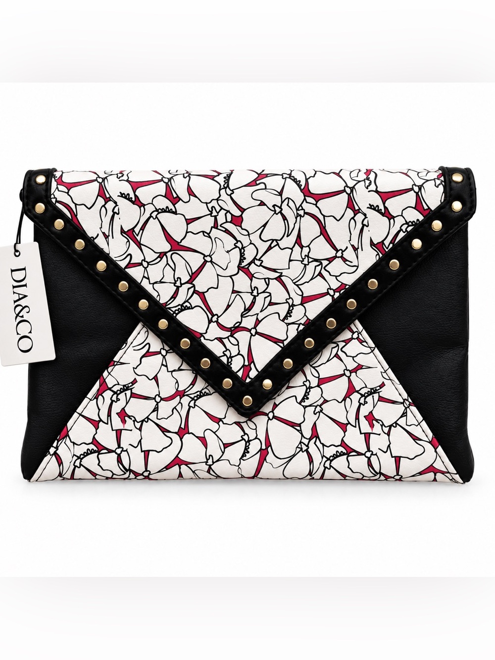 Dia & Co NWT Flower and Rivets Cluch - Black White Pink Gold